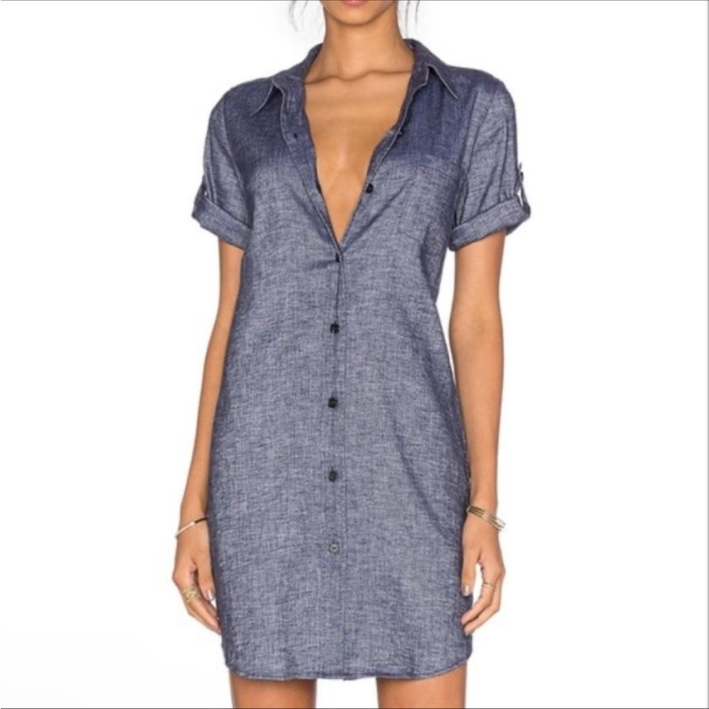 Theory Linen Chambray Button Front Shirt Dress With Pockets